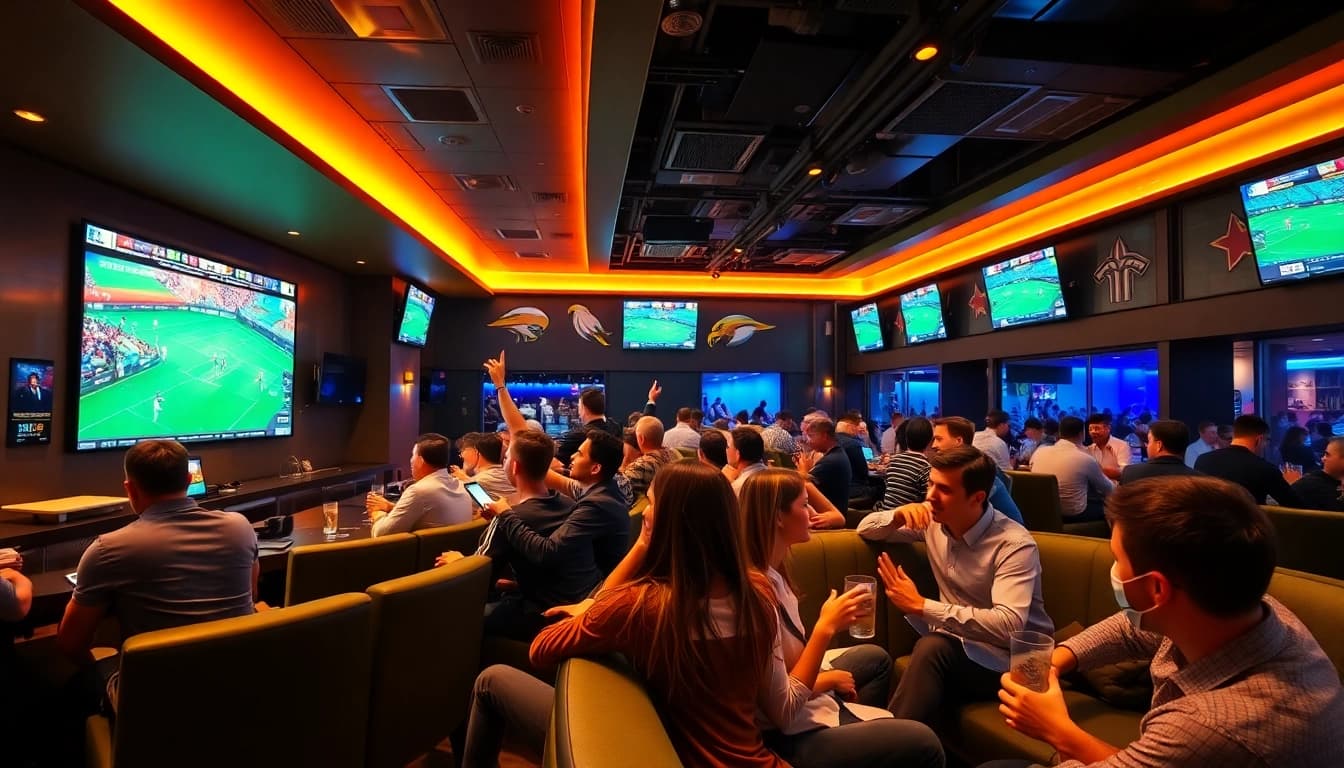 Engaging scene of bettors at https://ii69vn.com/ enjoying sports betting in a lively lounge atmosphere.