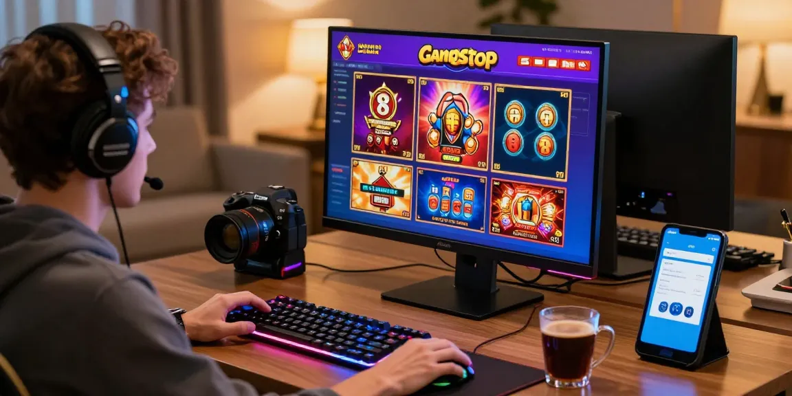 Player enjoying non GamStop casinos on a vibrant desktop setup with gaming accessories.