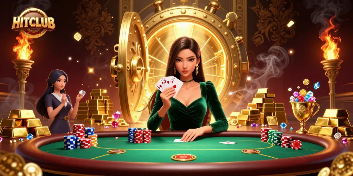 Experience the excitement of HITCLUB as a skilled Asian woman plays poker, surrounded by treasures and casino flair.