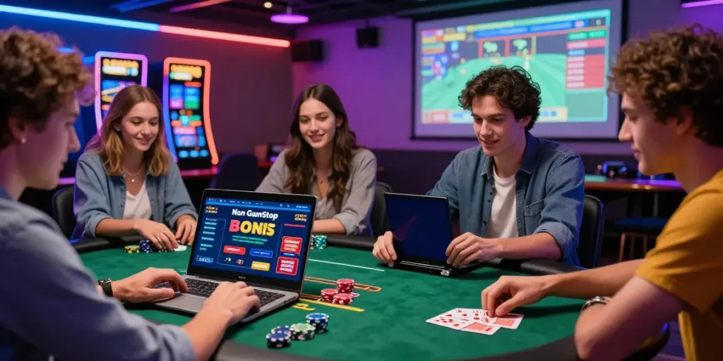 Friends gaming together at non GamStop casinos with colorful lights and poker chips.