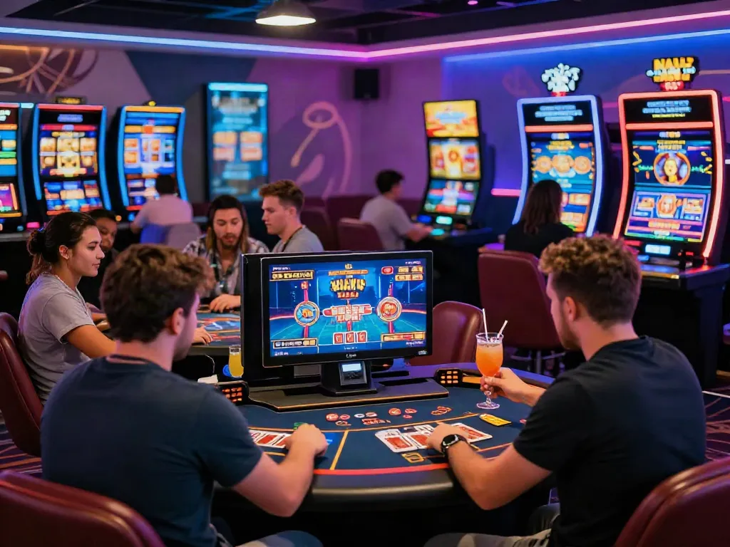 Diverse players enjoying non GamStop casinos in a bright online gaming lounge with neon lights and stylish tables.