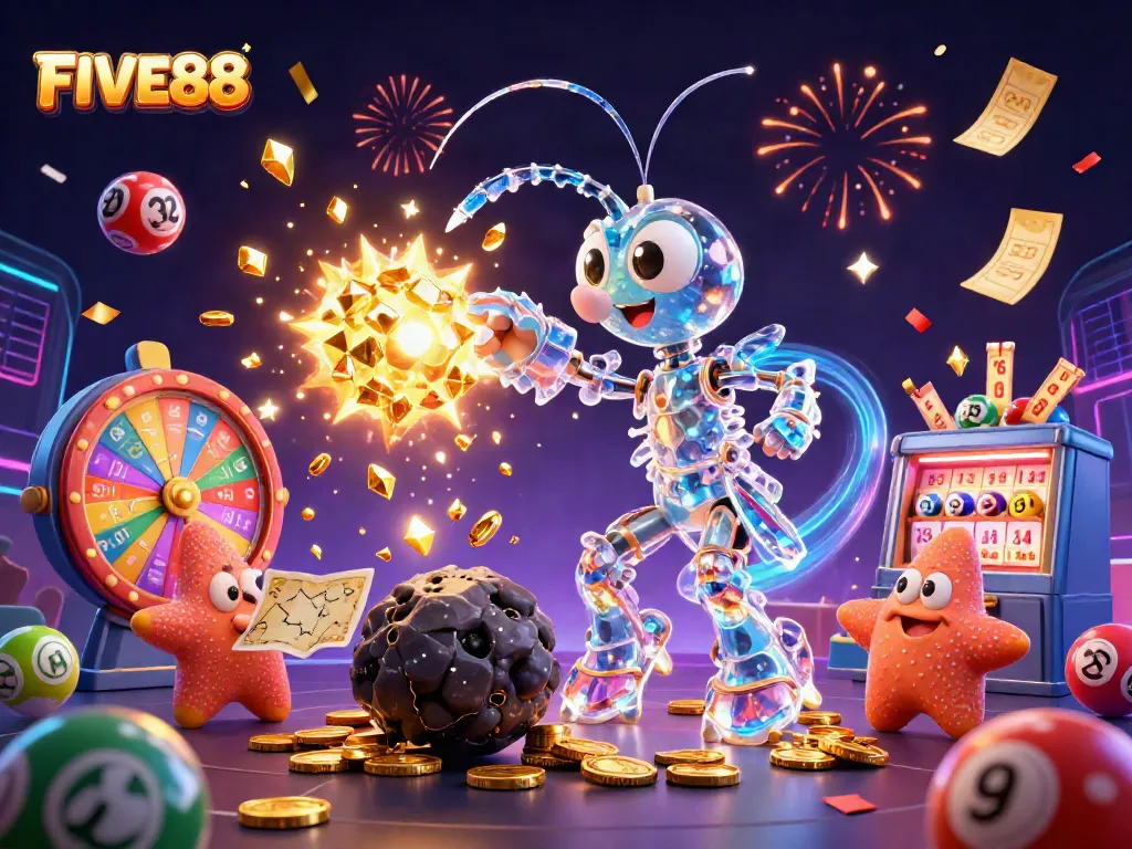 Engage with the thrilling gaming world at FIVE88, showcasing vibrant lottery elements amidst an exciting casino environment.