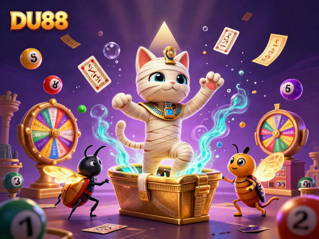 Engage with DU88's captivating casino experience featuring a mummy cat and dynamic game elements.