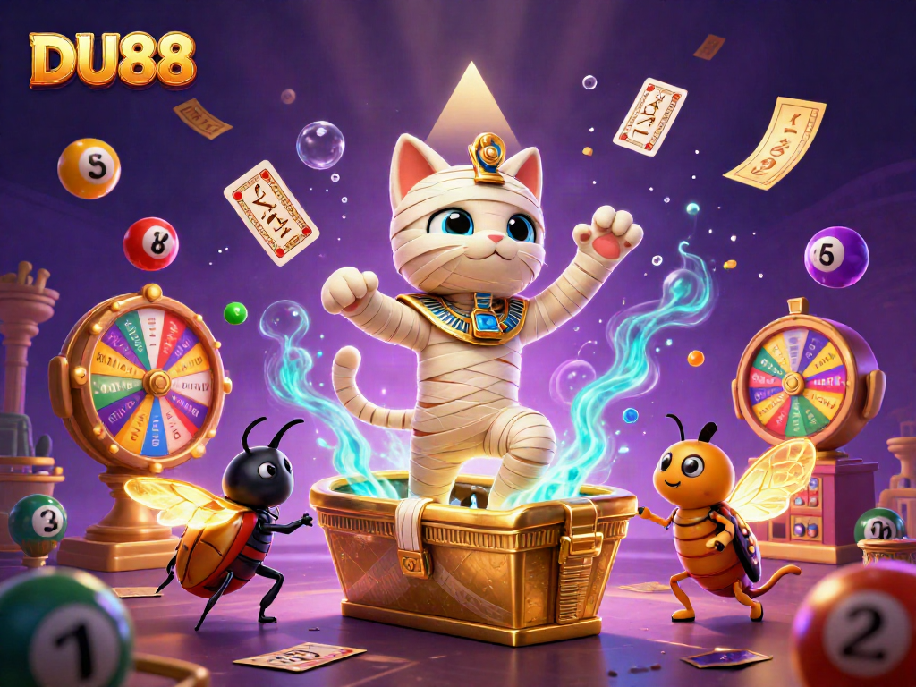 Engage with DU88's captivating casino experience featuring a mummy cat and dynamic game elements.