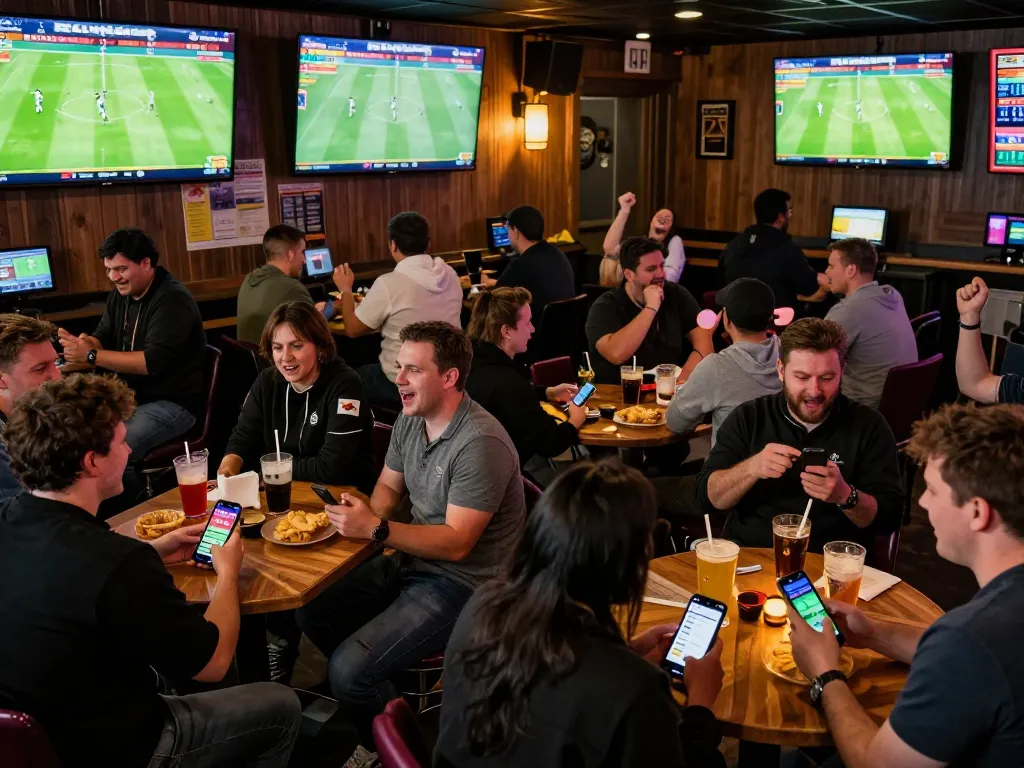 KQBD sports betting enthusiasts cheering while checking live bets on their devices.