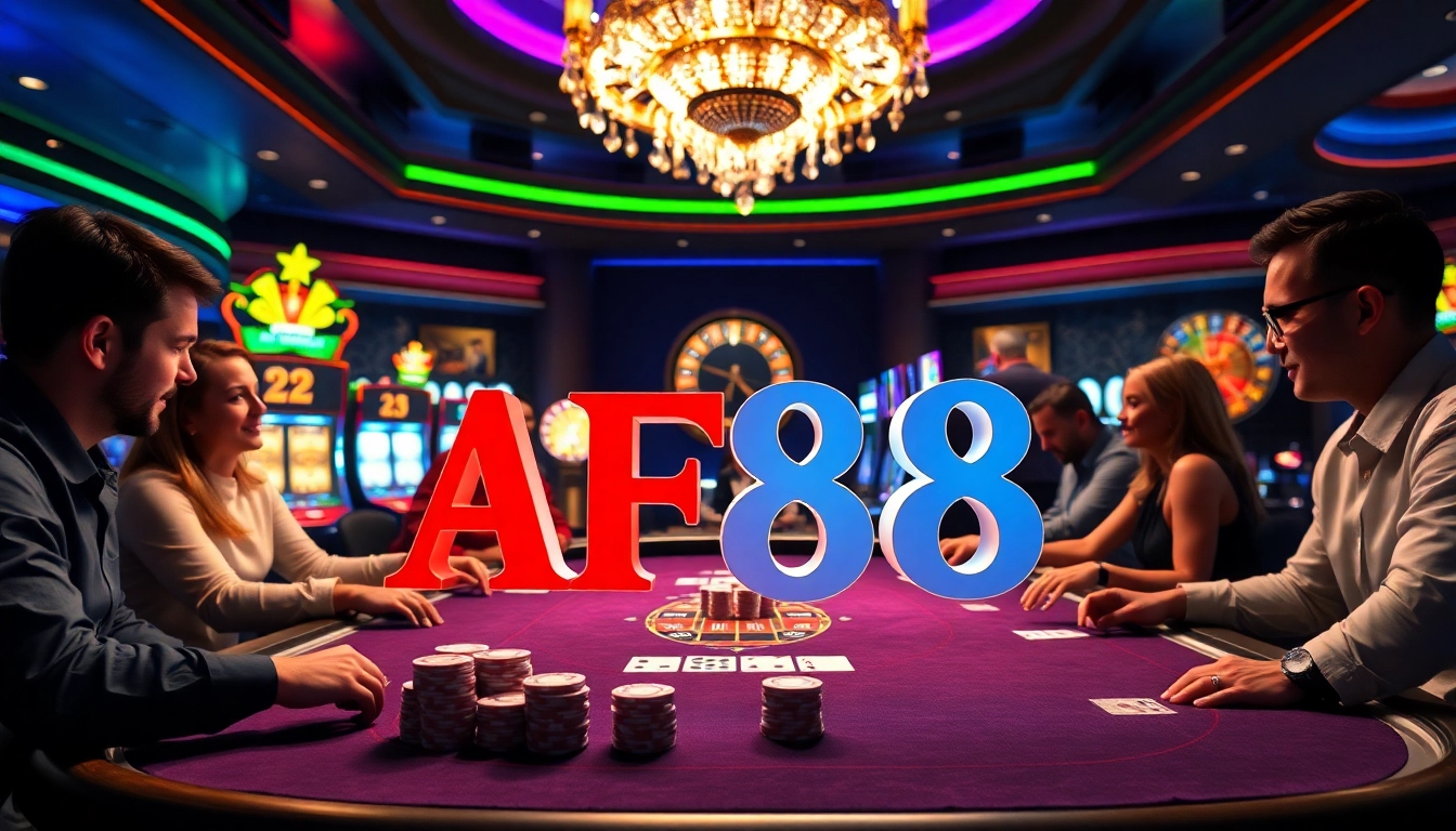 Exciting gambling scene featuring AF88 logo with poker and slot activities