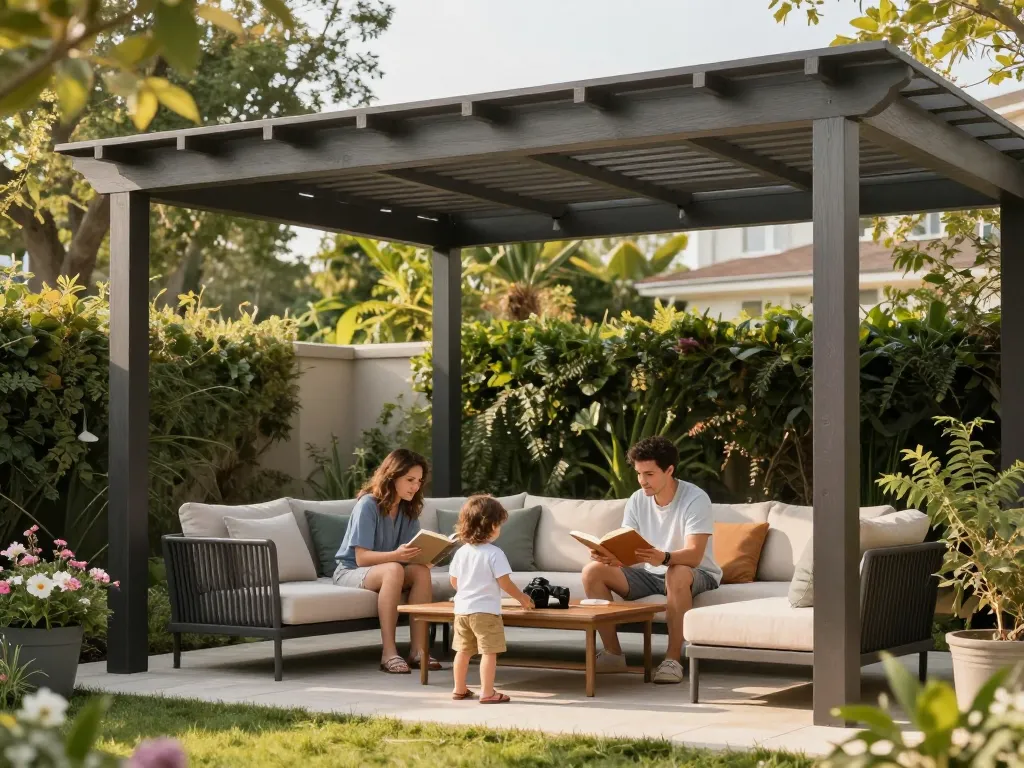 Family enjoying outdoor time under a pergola configurator, showcasing adjustable louvers and cozy decor.