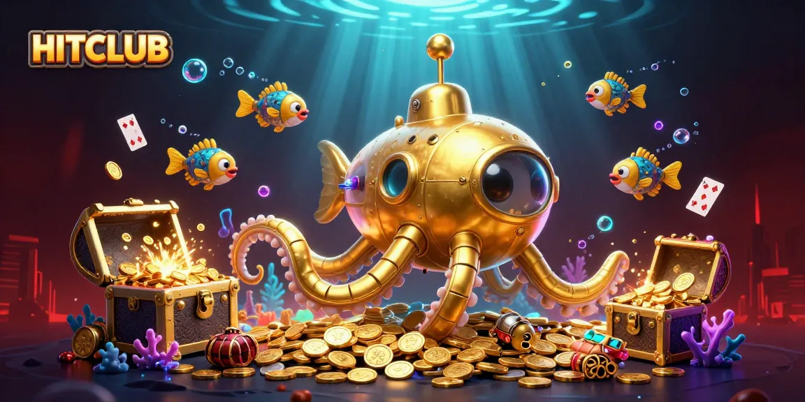 Experience a thrilling HITCLUB adventure with a golden kraken submarine amidst floating cards and treasure.
