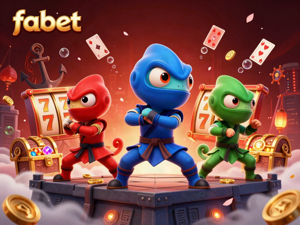 Experience thrilling gameplay with fabet's vibrant 3D illustration showcasing ninja chameleons amidst casino elements.