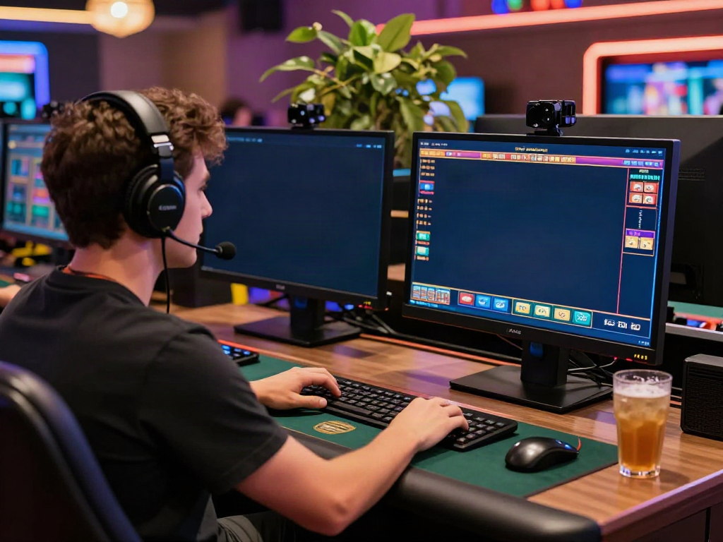 Player enjoying non GamStop casinos at a modern gaming setup with vibrant lighting.