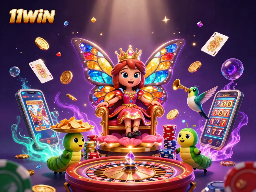 Experience the excitement of 11WIN with a dynamic casino-themed 3D illustration showcasing vibrant gaming elements.