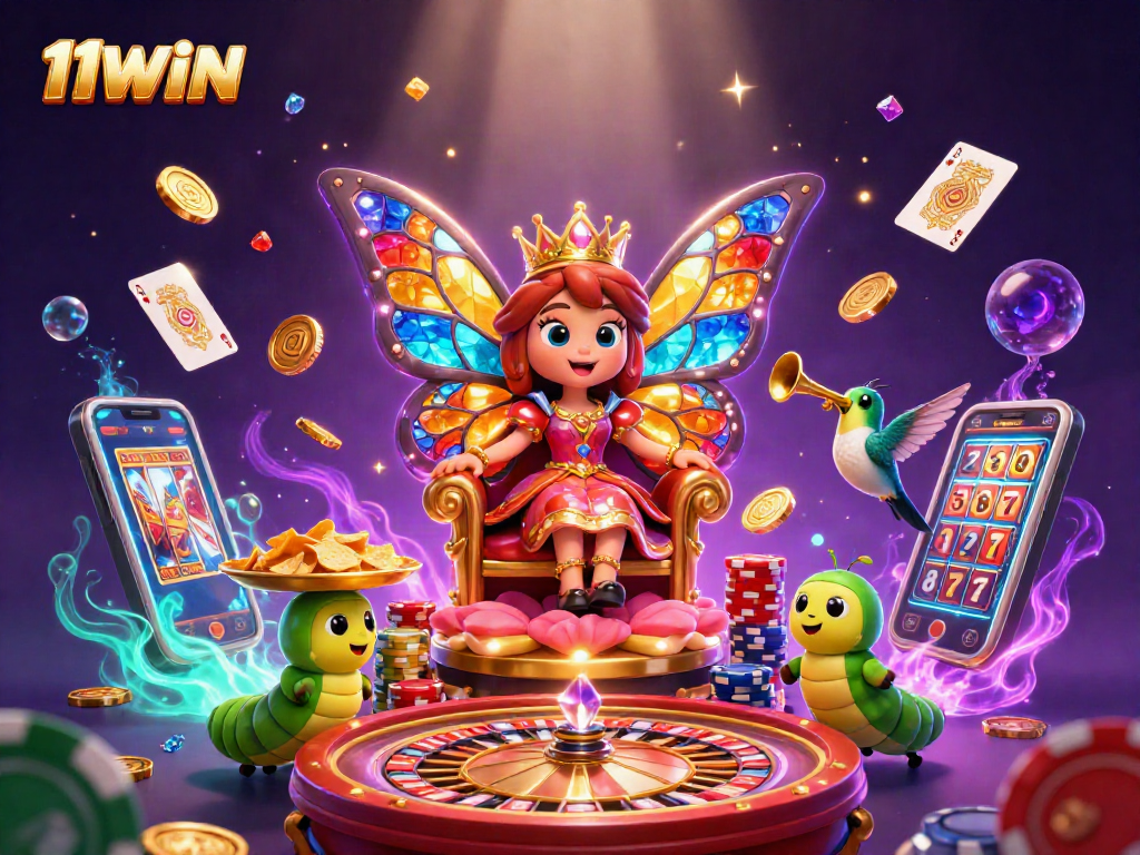 Experience the excitement of 11WIN with a dynamic casino-themed 3D illustration showcasing vibrant gaming elements.