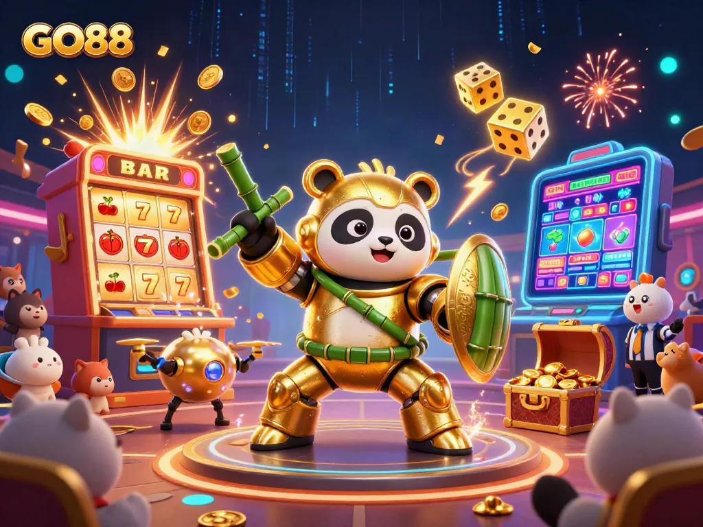 Spin to win with GO88's vibrant 3D illustration of jackpot excitement and thrilling casino games