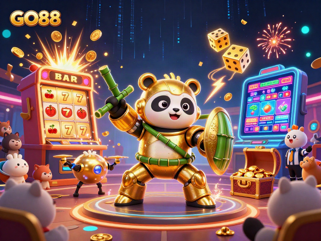Spin to win with GO88's vibrant 3D illustration of jackpot excitement and thrilling casino games