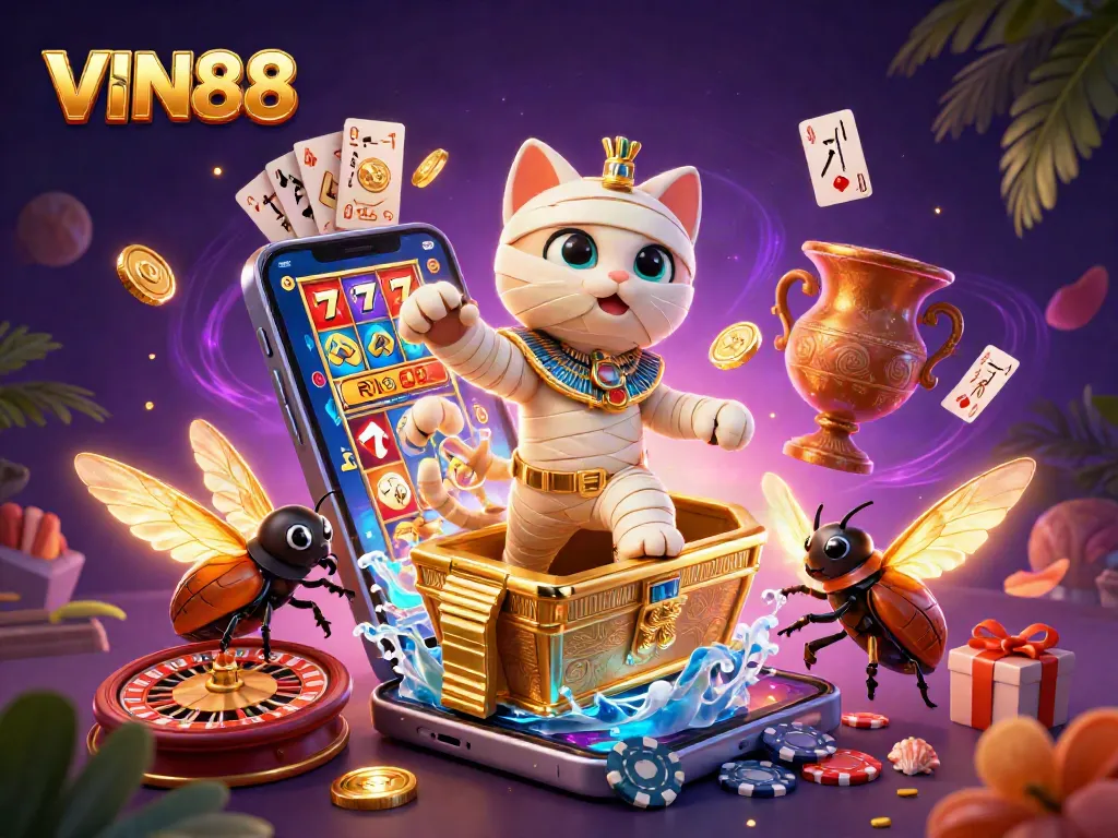 Catch the excitement at VIN88 with a colorful slot game and dynamic casino elements surrounding an Egyptian mummy cat.