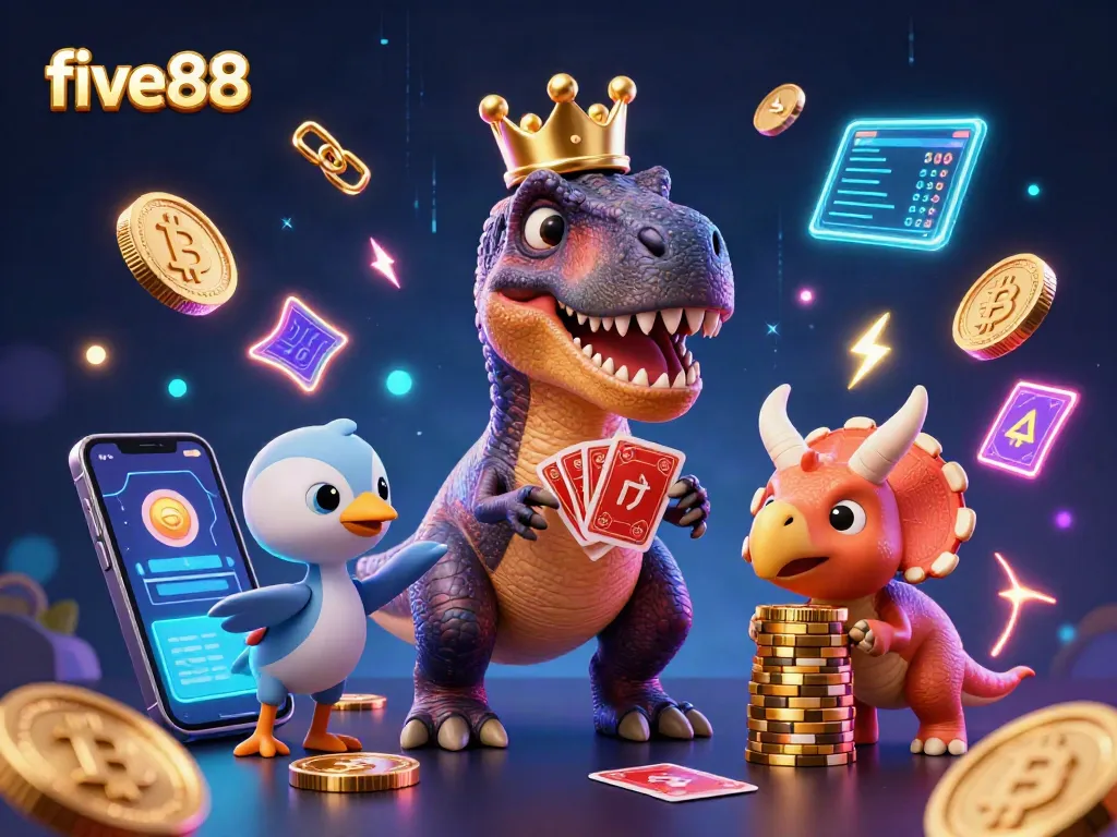 Engage with five88's exciting gaming experience featuring a playful T-Rex and friends in a vibrant casino setting.