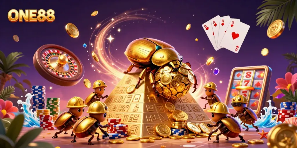 ONE88 delivers excitement with golden coins and vibrant casino elements in a 3D scene.