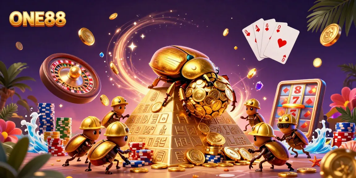ONE88 delivers excitement with golden coins and vibrant casino elements in a 3D scene.