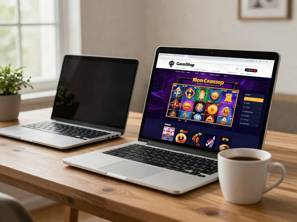 Engaging scene of non GamStop casinos displayed on a laptop in a cozy home setting.