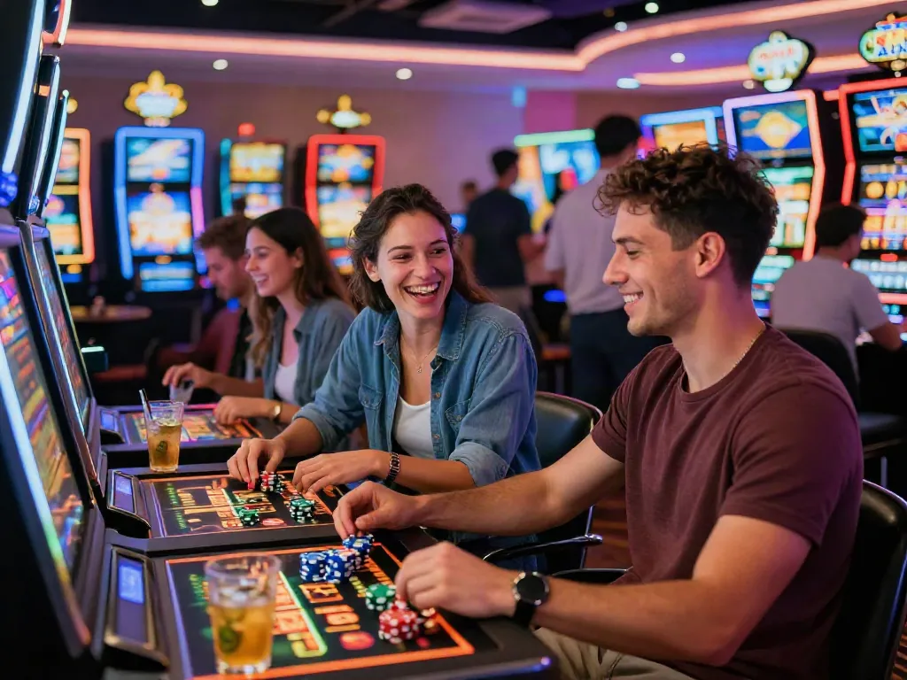 Friends enjoying gameplay at non GamStop casinos with vibrant atmosphere.