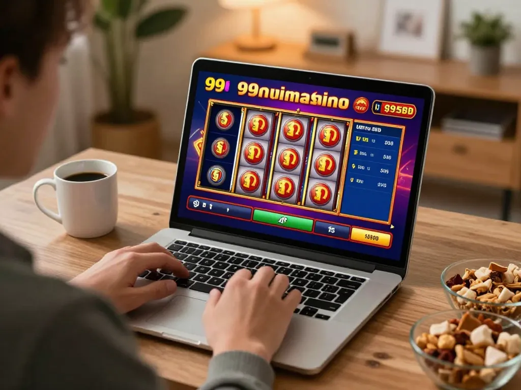Engaged player enjoying online slot games at 99wincasino in a cozy home office setting.