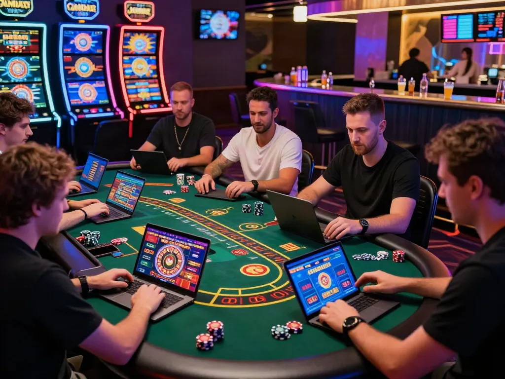 Players enjoying games at non GamStop casinos with vibrant neon lighting and engaging digital tables.