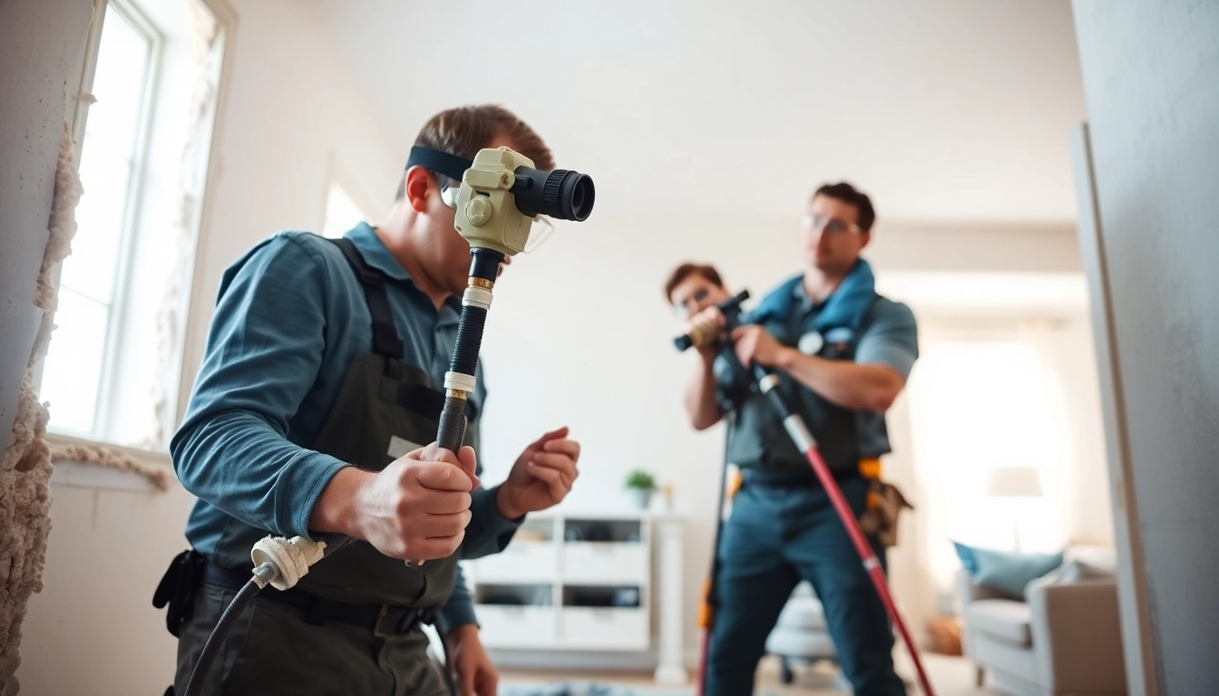 Workers performing spray foam removal Littlehampton in a residential area, showcasing tools and protective equipment.