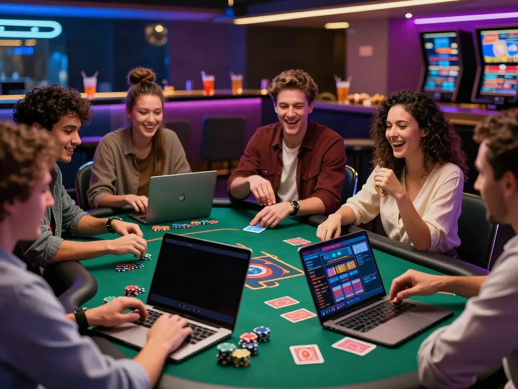 Diverse friends enjoying gaming at non gamstop casinos, vibrant atmosphere with cards and drinks.