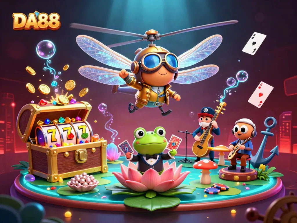 DA88 casino scene featuring a dragonfly pilot, frog dealer, and vibrant gaming elements.