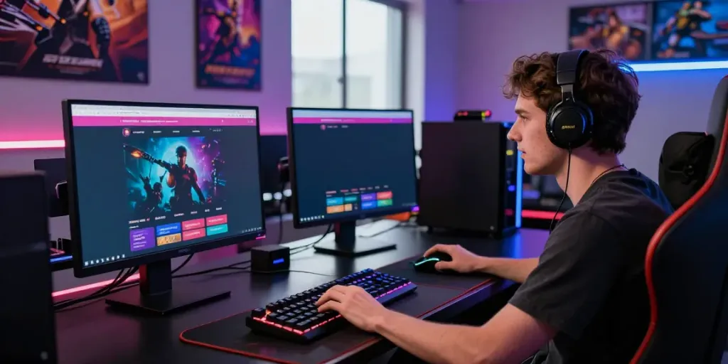 Excited player exploring various non gamstop casinos on dual monitors.