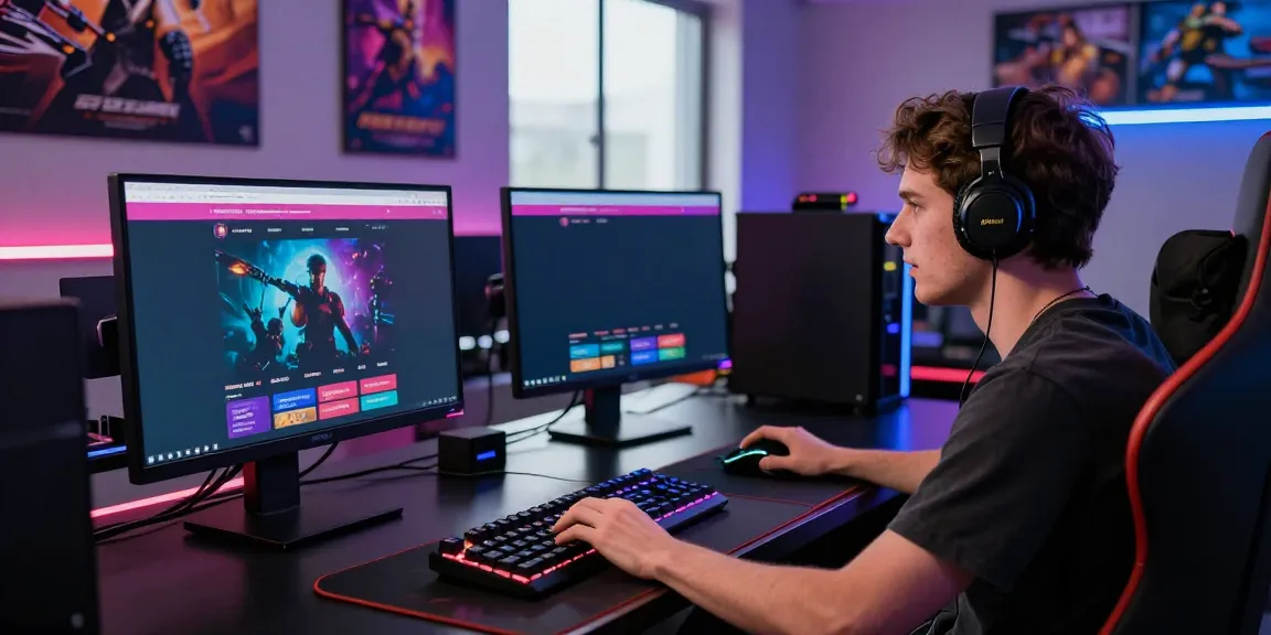 Excited player exploring various non gamstop casinos on dual monitors.