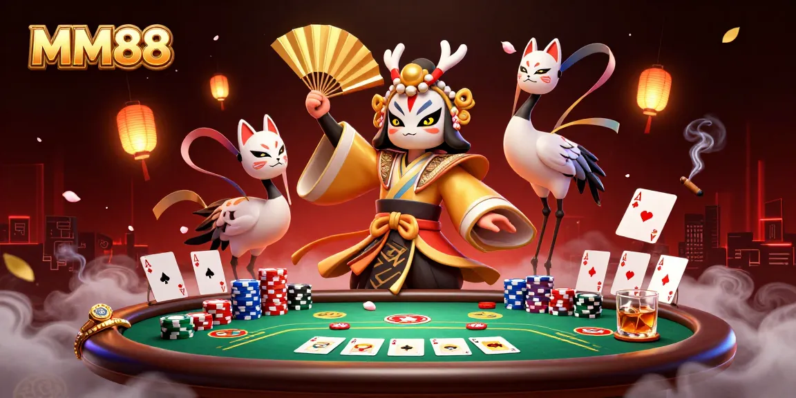Engage with MM88's vibrant poker scene featuring energetic characters and rich casino elements.