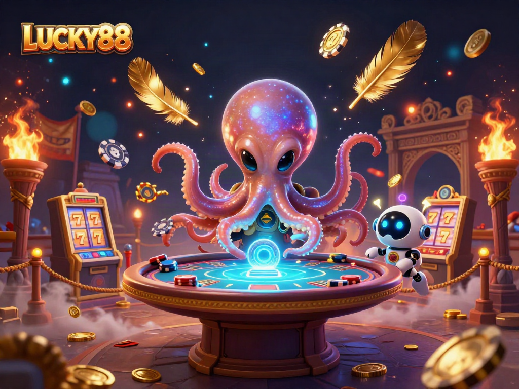 LUCKY88 alien octopus at an energetic poker scene with slot machine reels and vibrant effects.