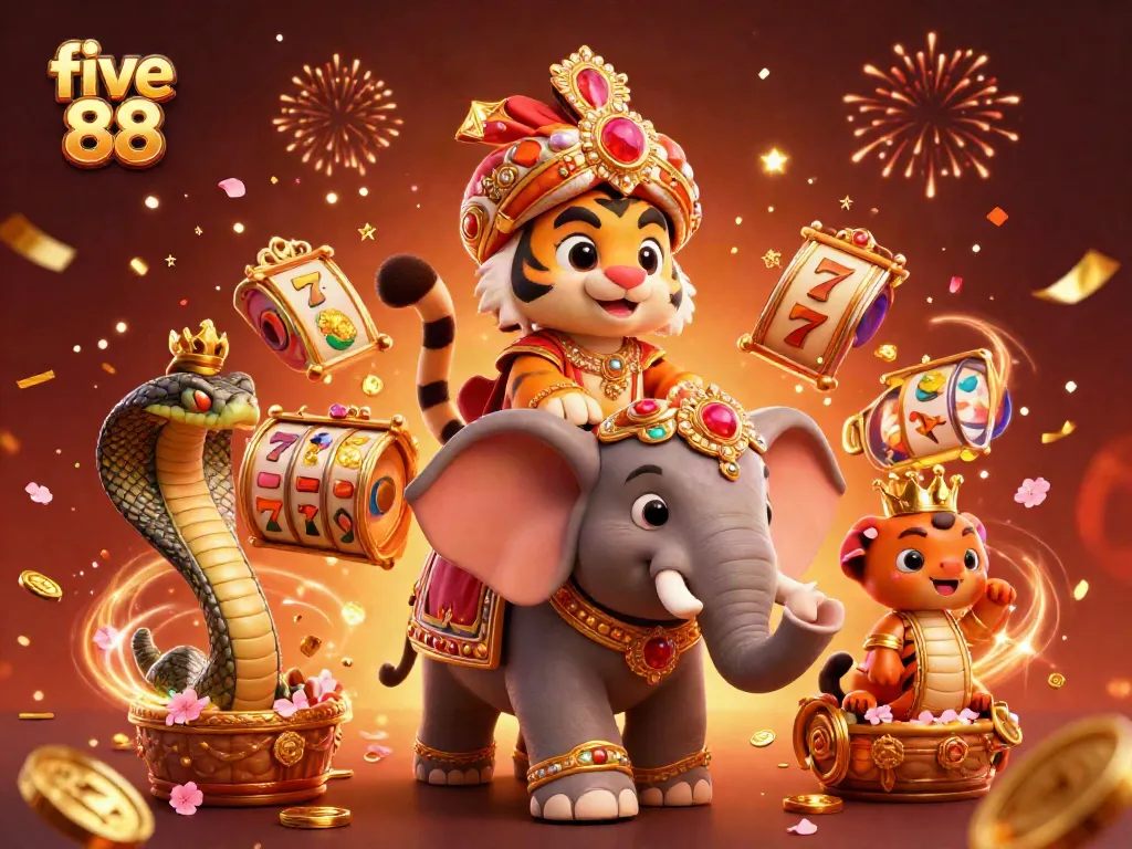 Experience the thrills at five 88 with a vibrant casino scene featuring a majestic maharaja tiger amidst slot reels and festive elements.