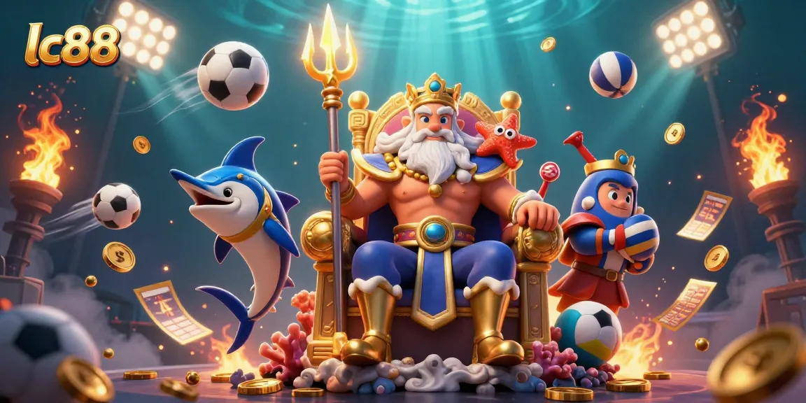 Experience thrilling gameplay at lc88 with a dynamic 3D illustration of Neptune and sports elements.