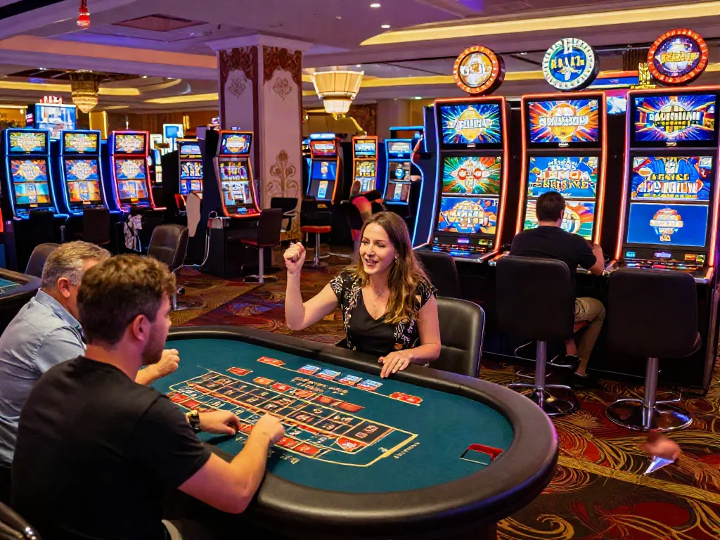 Exciting gaming atmosphere at non GamStop casinos with players enjoying roulette and slot machines.