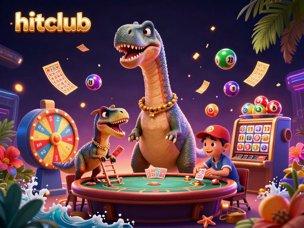 Experience hitclub's vibrant casino world with floating lottery balls and a giant brontosaurus dealer.