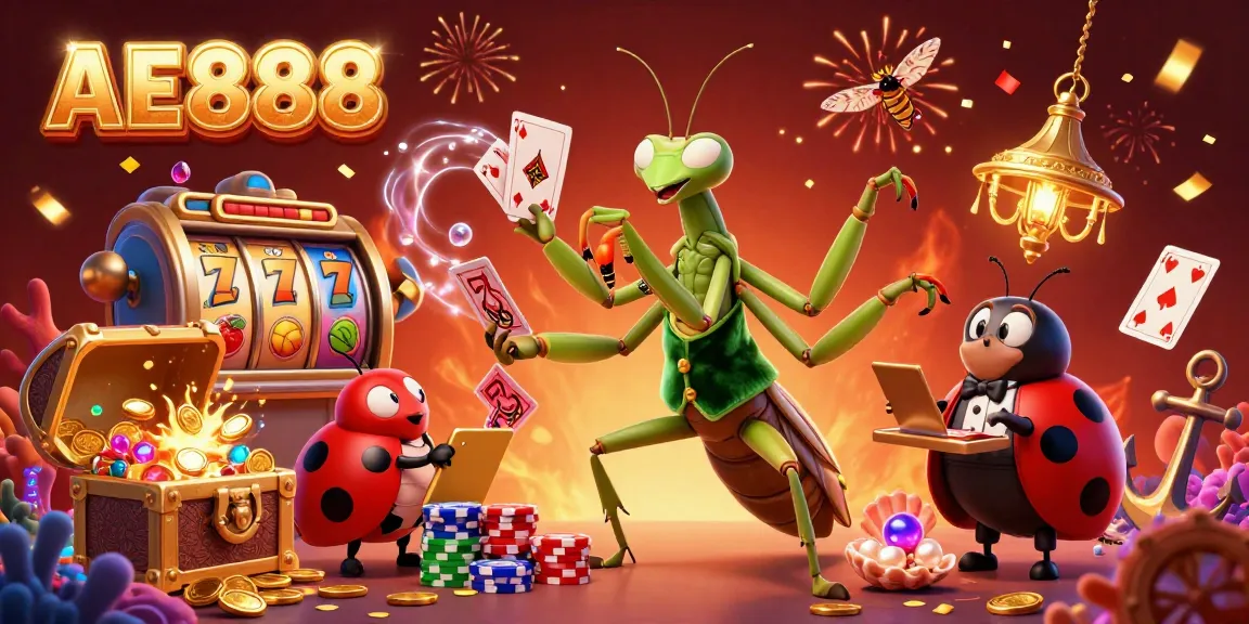 Engage with AE888's vibrant casino scene featuring a giant card sharp and ladybug pit boss, celebrating winning moments.