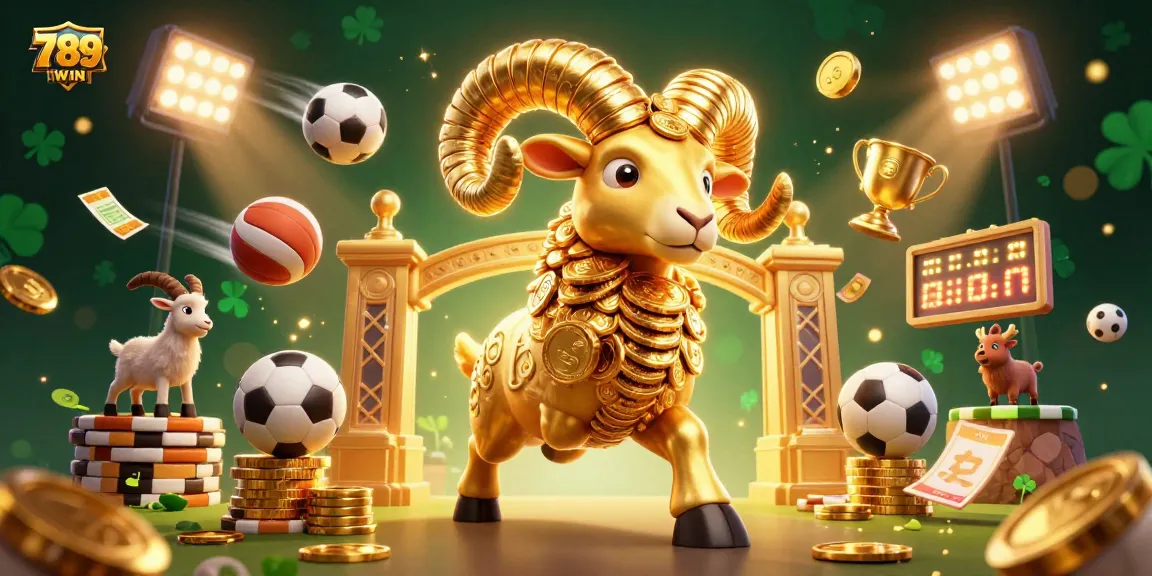 Engage in thrilling gameplay at 789WIN with a vibrant 3D scene depicting a golden ram and sports elements.