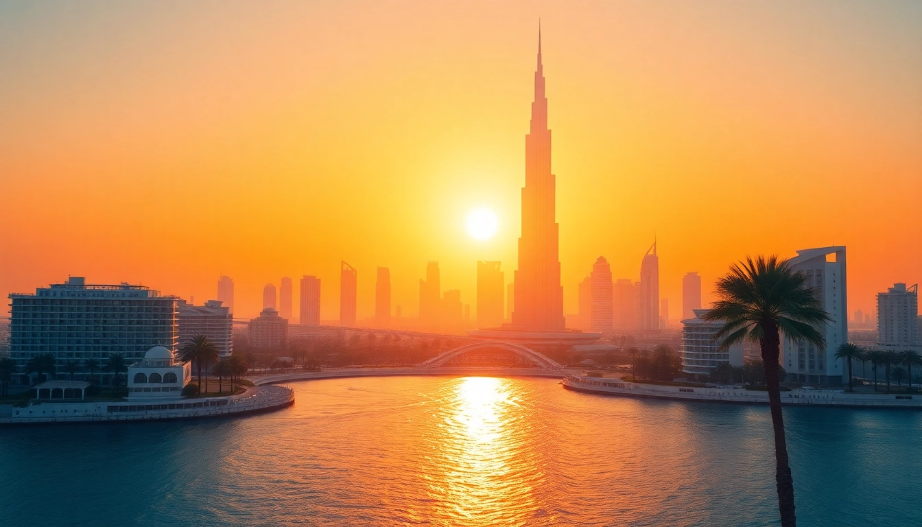 Travel to Dubai is enhanced by a breathtaking sunset over the city skyline, featuring the Burj Khalifa.