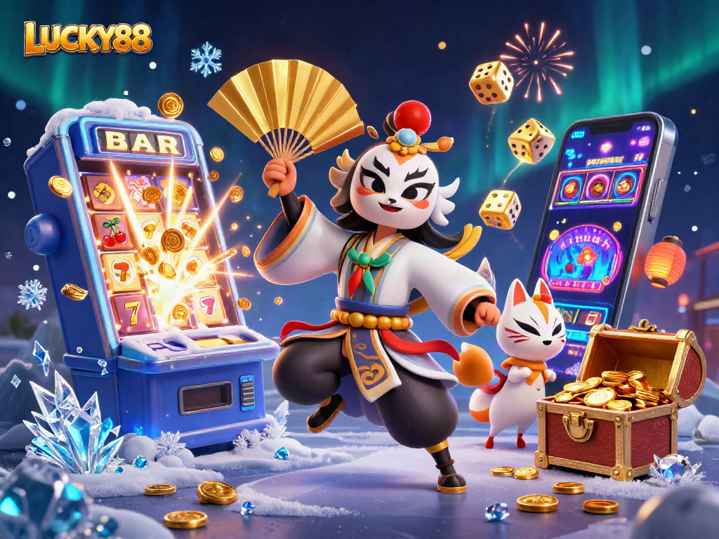 Experience thrilling jackpots and slots magic with LUCKY88 in this vibrant 3D casino digital illustration.