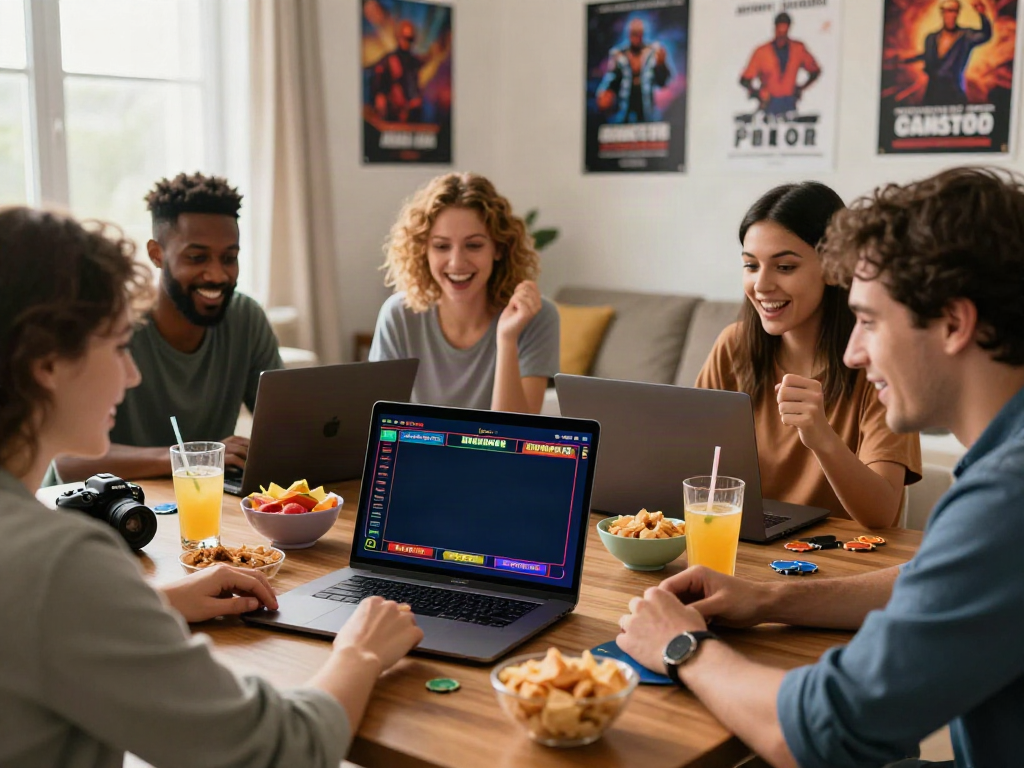 Group enjoying non GamStop casinos from home with bright gaming screens and snacks