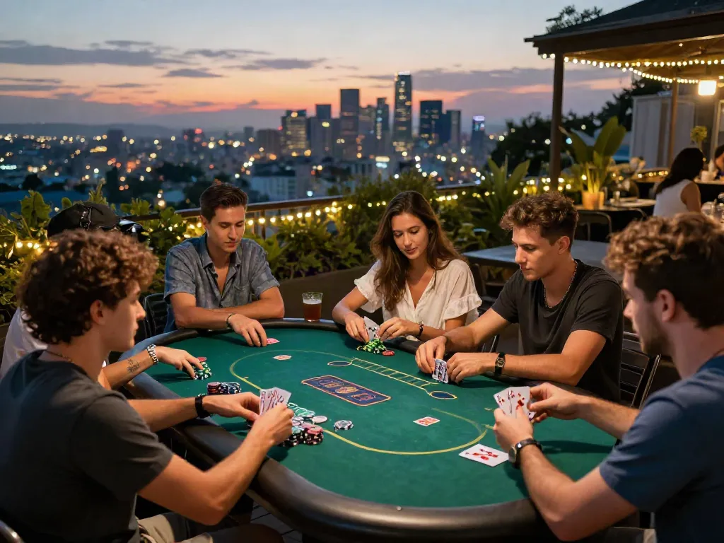 Friends enjoying a game at a non gamstop casinos outdoor poker table at sunset.