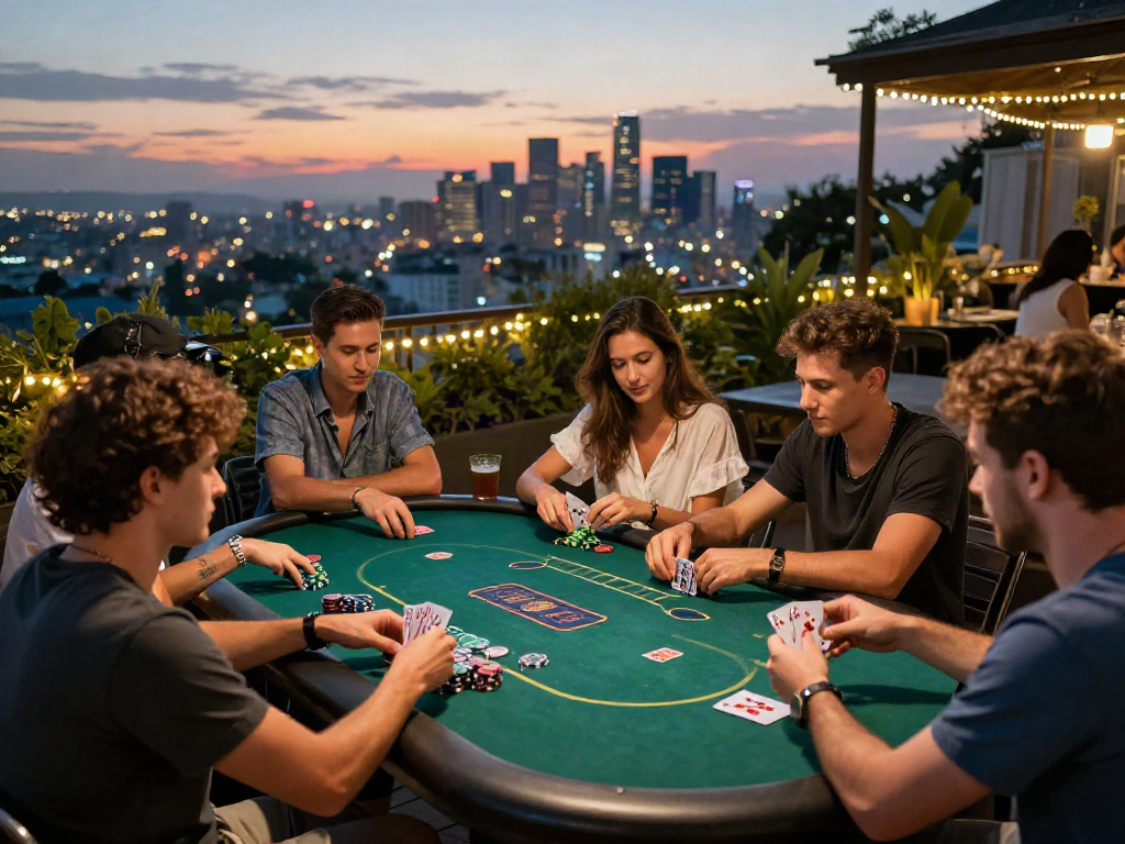 Friends enjoying a game at a non gamstop casinos outdoor poker table at sunset.