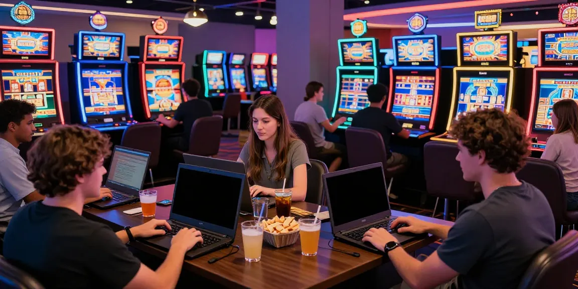 A lively gathering at non gamstop casinos with people enjoying games and drinks in a vibrant gaming lounge.