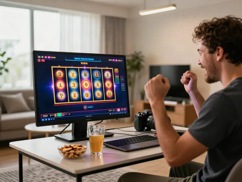 Player enjoying non gamstop casinos while celebrating a win in a modern gaming setup.