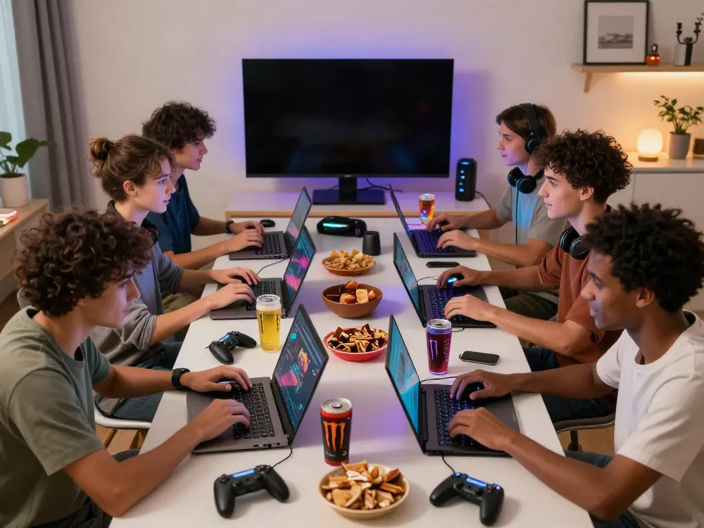 Group playing video games in a modern room, showcasing non gamstop casinos atmosphere.