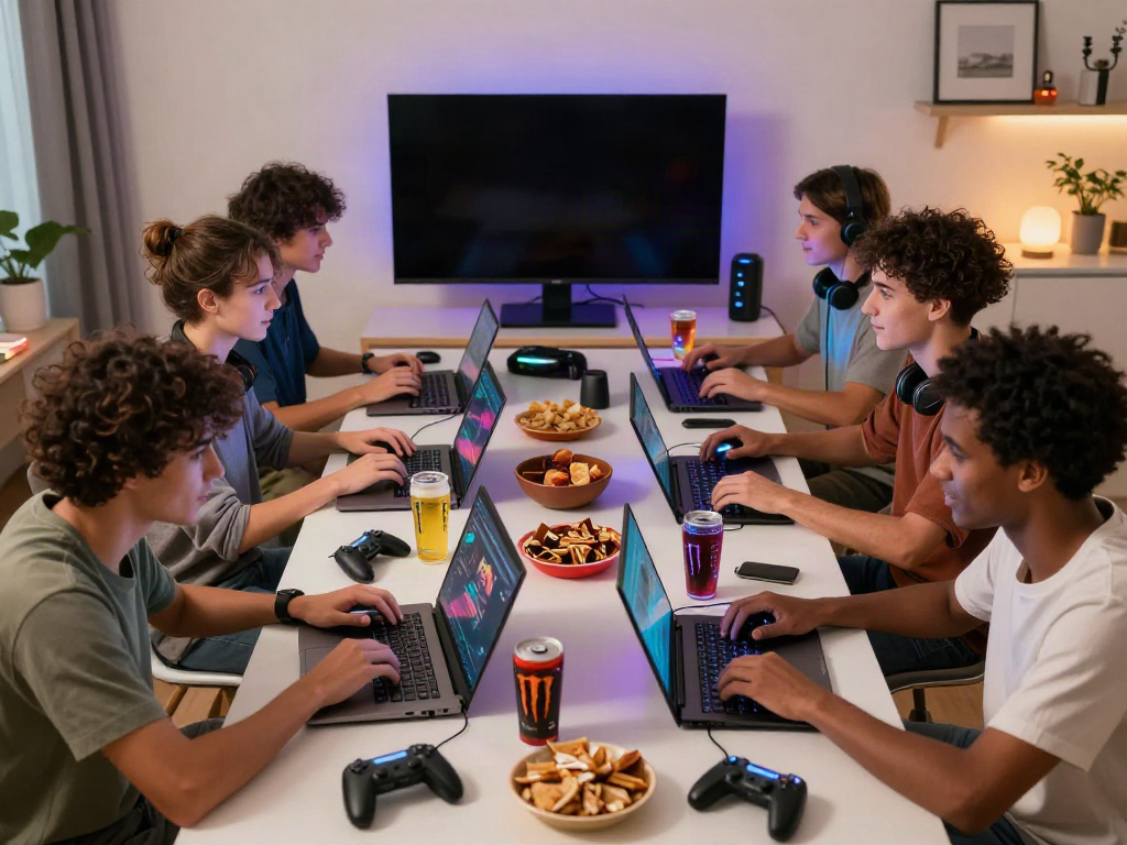 Group playing video games in a modern room, showcasing non gamstop casinos atmosphere.