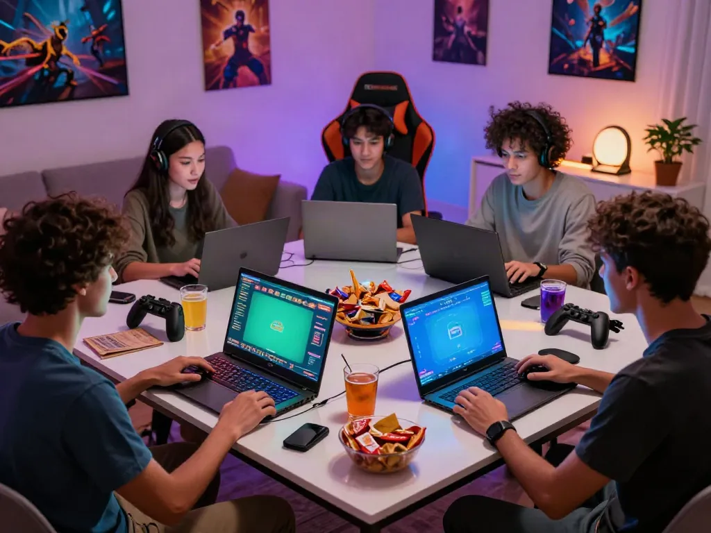 Friends enjoying non GamStop casinos together in a lively home gaming setting with colorful lights and snacks.