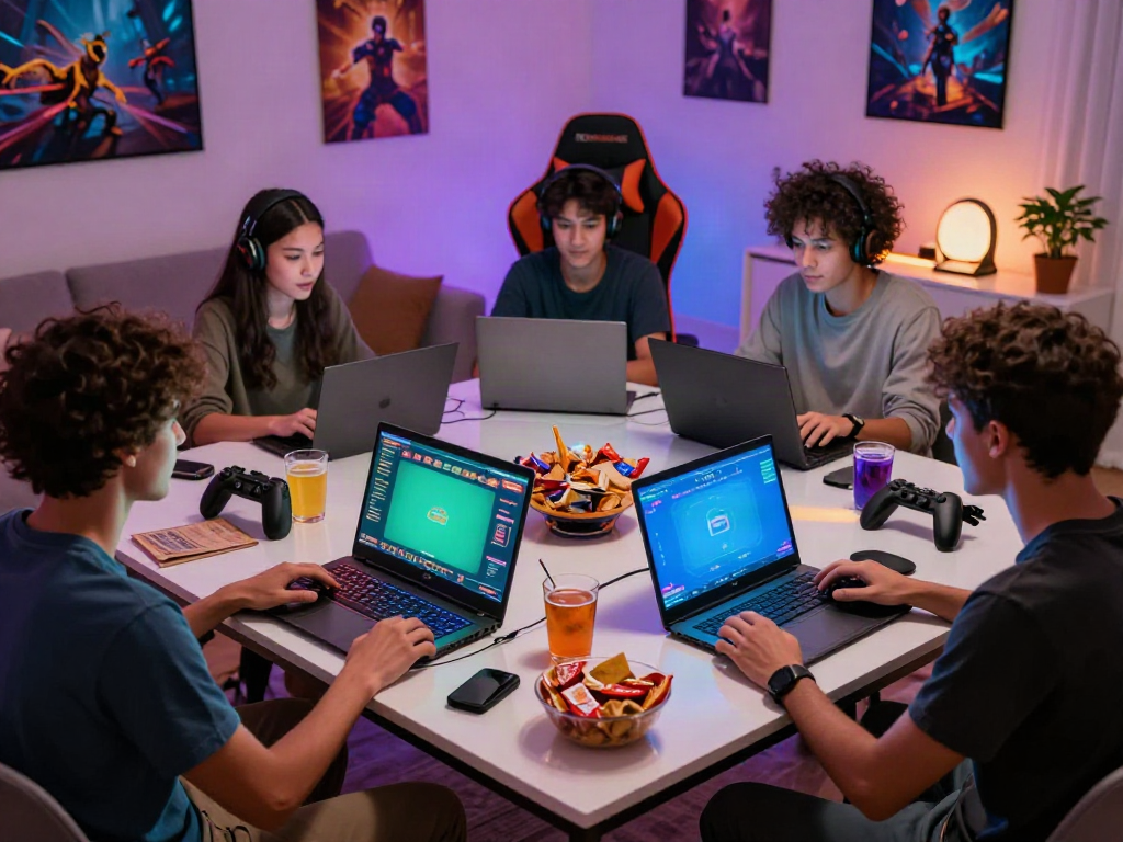 Friends enjoying non GamStop casinos together in a lively home gaming setting with colorful lights and snacks.